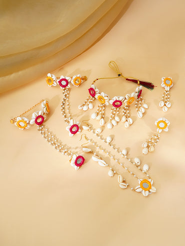 Gold Plated Pearl Beaded Shell Drop Pink & Yellow Floral Necklace Set With Maangtikka & Hathphool
