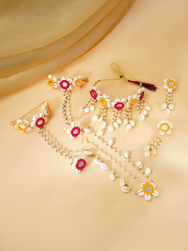 Gold Plated Pearl Beaded Shell Drop Pink & Yellow Floral Necklace Set With Maangtikka & Hathphool