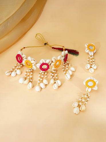 Gold Plated Pearl Beaded Shell Drop Pink & Yellow Floral Necklace Set With Maangtikka & Hathphool