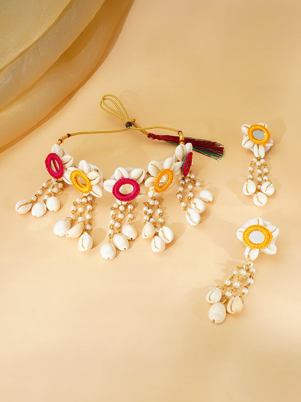 Gold Plated Pearl Beaded Shell Drop Pink & Yellow Floral Necklace Set With Maangtikka & Hathphool