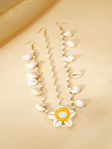 Gold Plated Pearl Beaded Shell Drop Pink & Yellow Floral Necklace Set With Maangtikka & Hathphool