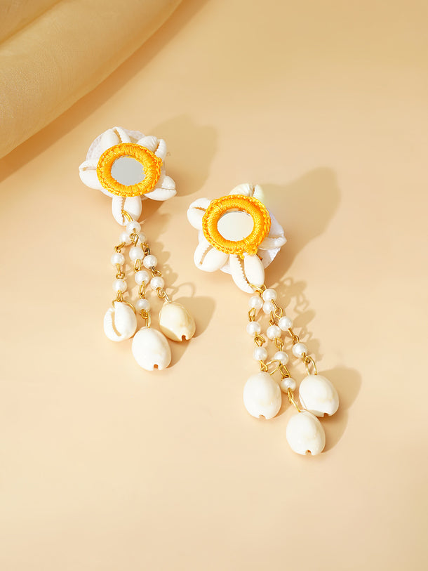 Gold Plated Pearl Beaded Shell Drop Pink & Yellow Floral Necklace Set With Maangtikka & Hathphool