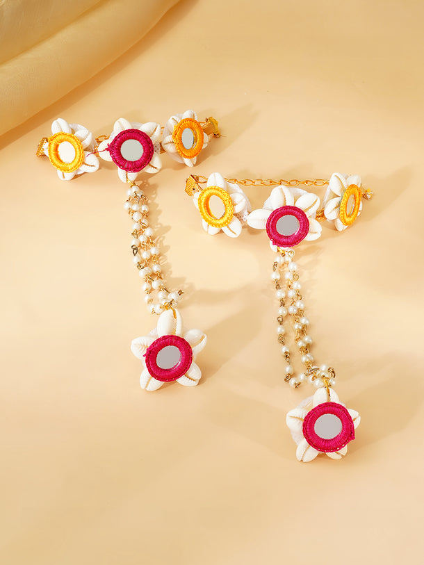 Gold Plated Pearl Beaded Shell Drop Pink & Yellow Floral Necklace Set With Maangtikka & Hathphool