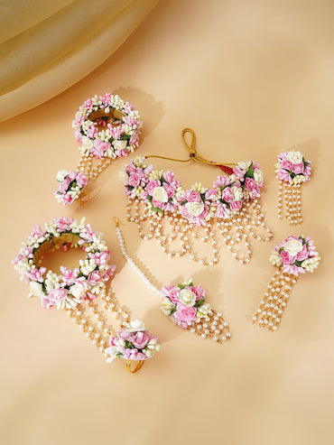 Gold Plated Pearl Beaded Pink & White Floral Choker Necklace Set With Maangtikka & Hathphool