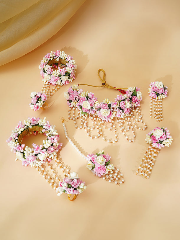 Gold Plated Pearl Beaded Pink & White Floral Choker Necklace Set With Maangtikka & Hathphool