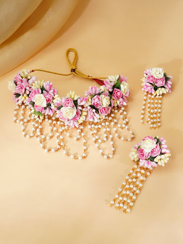 Gold Plated Pearl Beaded Pink & White Floral Choker Necklace Set With Maangtikka & Hathphool