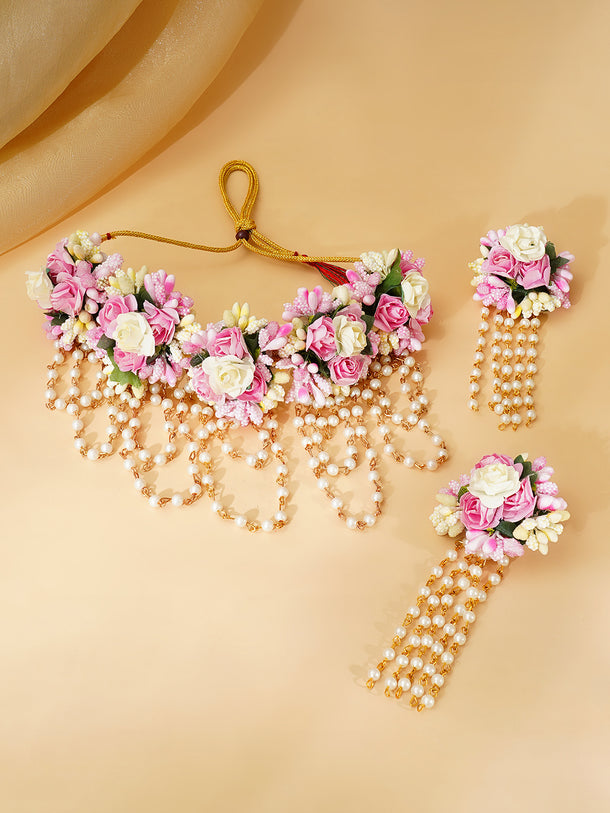 Gold Plated Pearl Beaded Pink & White Floral Choker Necklace Set With Maangtikka & Hathphool