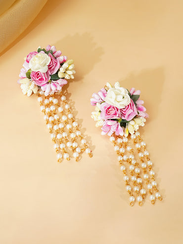 Gold Plated Pearl Beaded Pink & White Floral Choker Necklace Set With Maangtikka & Hathphool