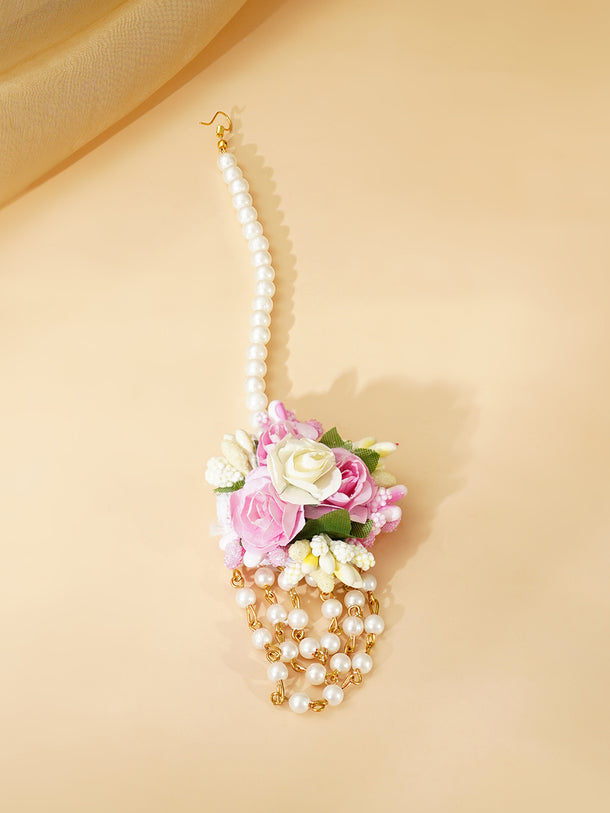 Gold Plated Pearl Beaded Pink & White Floral Choker Necklace Set With Maangtikka & Hathphool