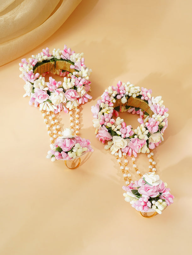 Gold Plated Pearl Beaded Pink & White Floral Choker Necklace Set With Maangtikka & Hathphool