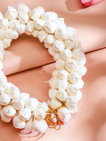Rubans Handcrafted White Faux Flower Hair Bun Accessory with Golden Thread Detailing