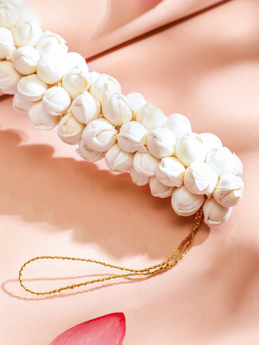Rubans Handcrafted White Faux Flower Hair Bun Accessory with Golden Thread Detailing