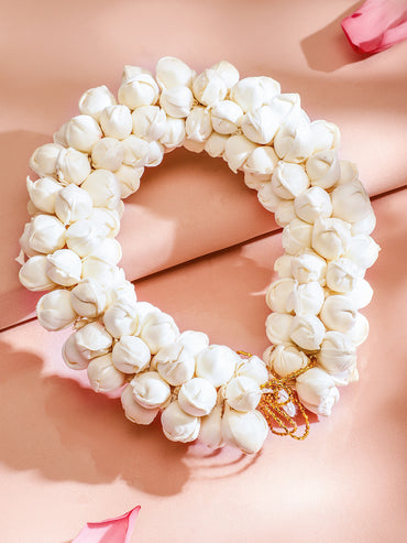 Rubans Handcrafted White Faux Flower Hair Bun Accessory with Golden Thread Detailing