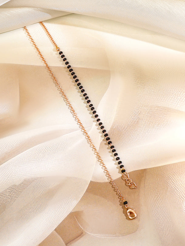 Rubans 18K Rose Gold-Plated White Cubic Zirconia Studded Round Pendant Mangalsutra with Black Beaded Chain