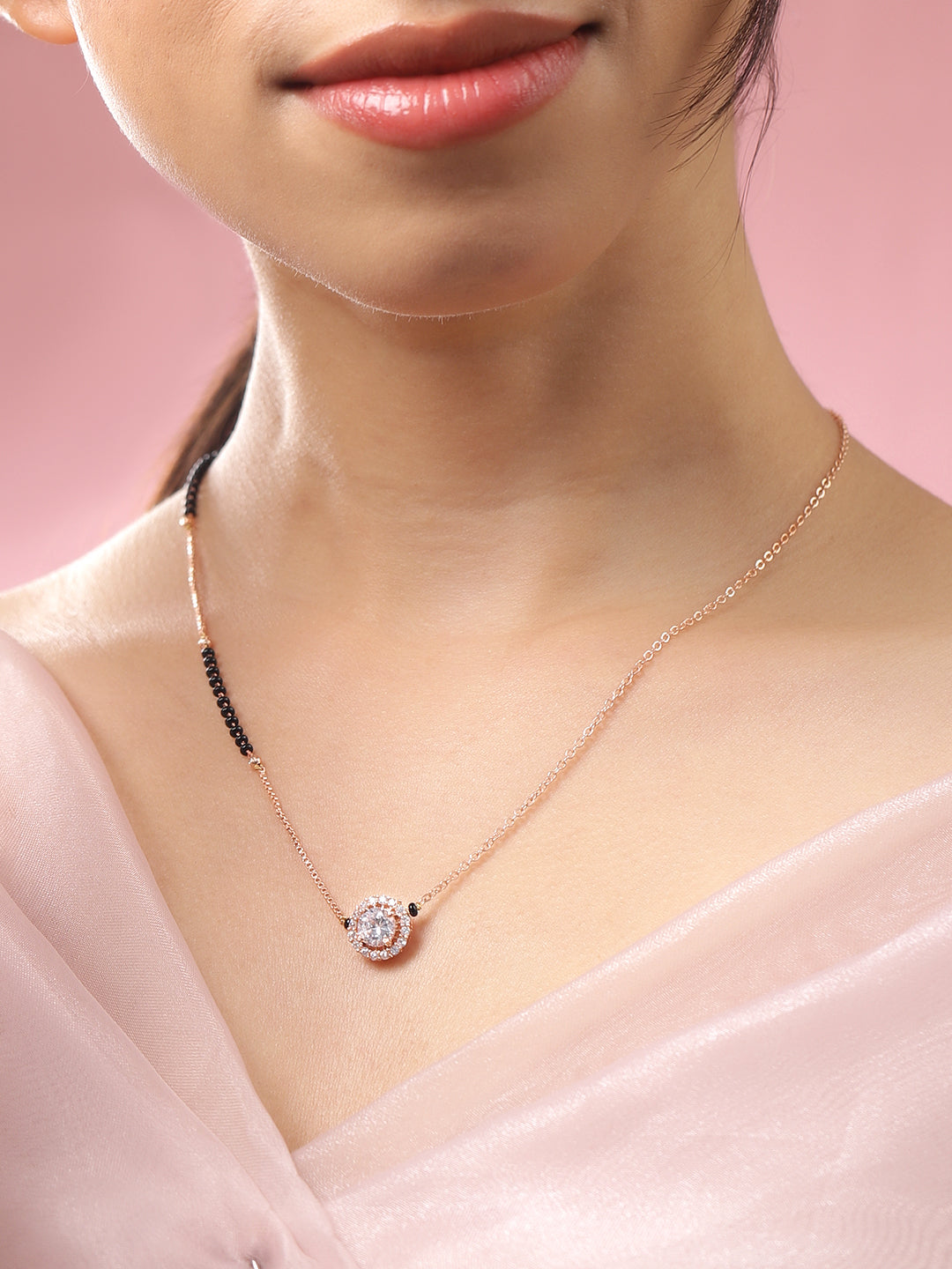 Rubans 18K Rose Gold-Plated White Cubic Zirconia Studded Round Pendant Mangalsutra with Black Beaded Chain