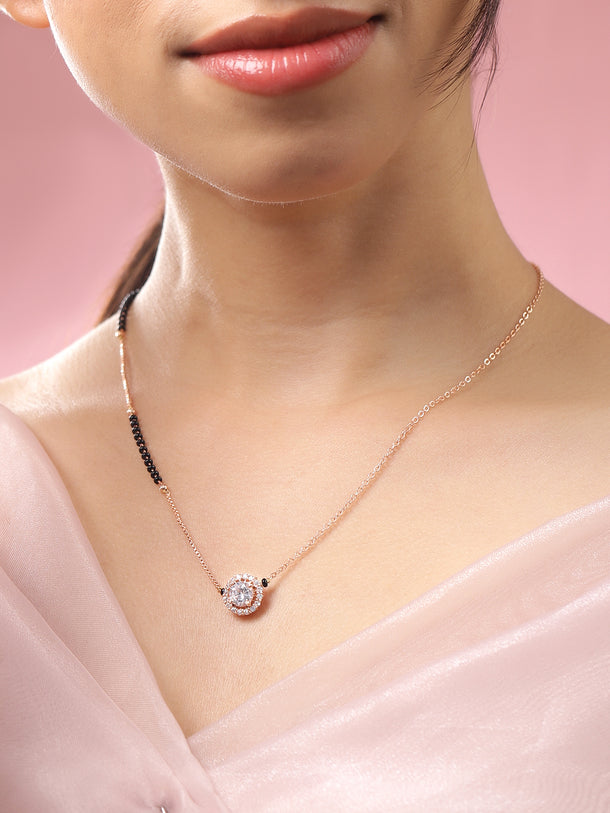 Rubans 18K Rose Gold-Plated White Cubic Zirconia Studded Round Pendant Mangalsutra with Black Beaded Chain