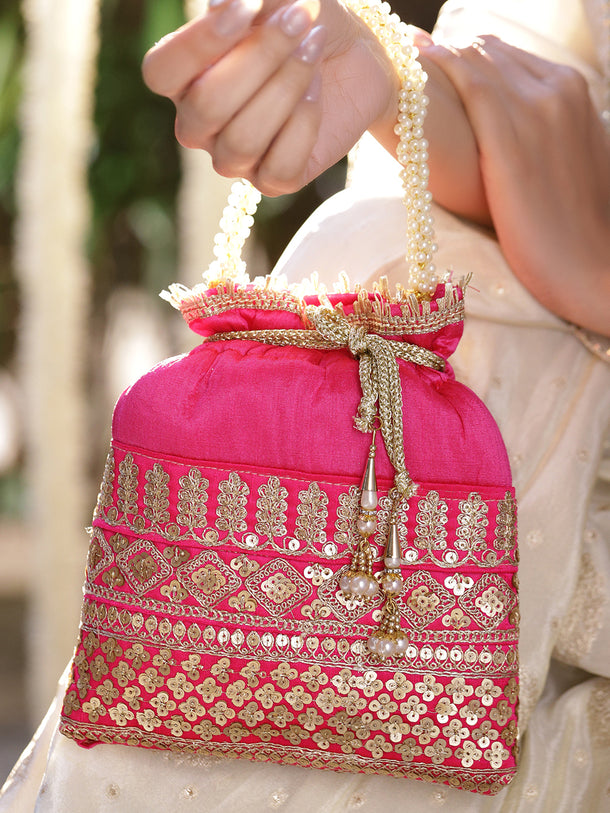 Rubans Pink & Gold Embroidered Potli Bag with Pearl Handle & Beaded Tassel Detailing