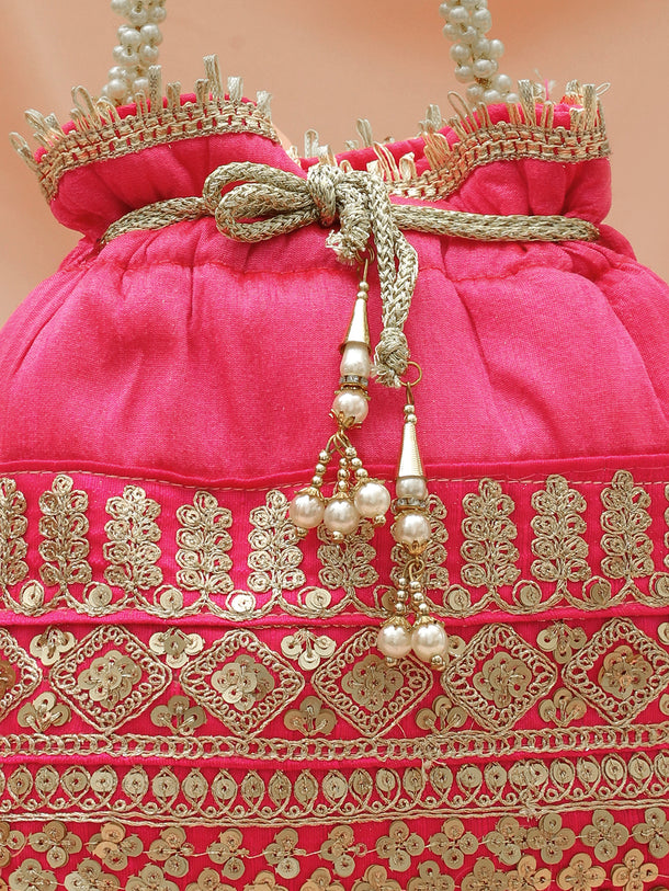 Rubans Pink & Gold Embroidered Potli Bag with Pearl Handle & Beaded Tassel Detailing