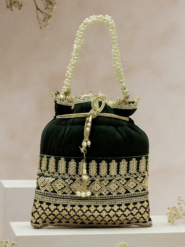 Rubans Dark Green & Gold Embroidered Potli Bag with Pearl Handle & Beaded Tassel Detailing