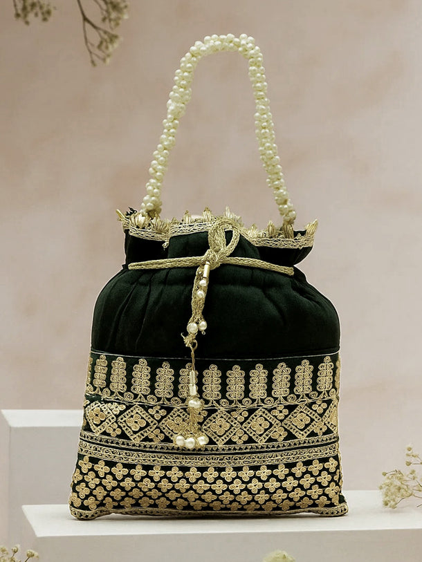 Rubans Dark Green & Gold Embroidered Potli Bag with Pearl Handle & Beaded Tassel Detailing