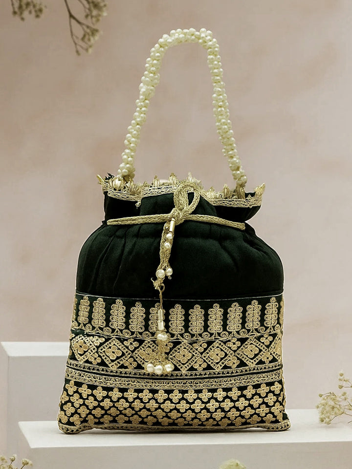 Rubans Dark Green & Gold Embroidered Potli Bag with Pearl Handle & Beaded Tassel Detailing