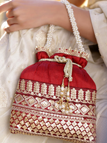 Rubans Red & Gold Embroidered Potli Bag with Pearl Handle & Beaded Tassel Detailing