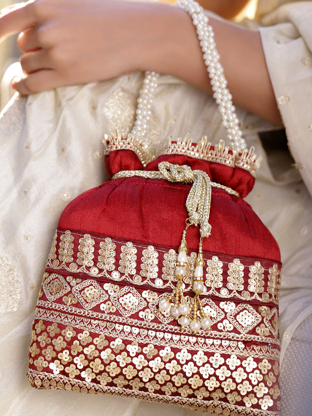 Rubans Red & Gold Embroidered Potli Bag with Pearl Handle & Beaded Tassel Detailing