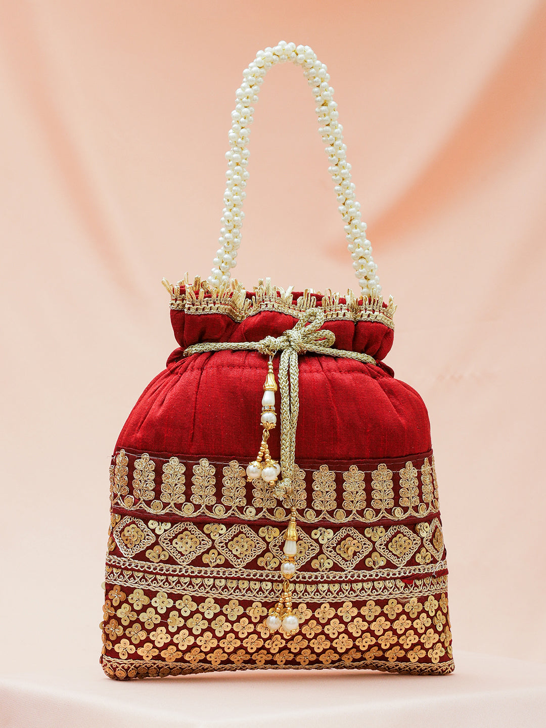Rubans Red & Gold Embroidered Potli Bag with Pearl Handle & Beaded Tassel Detailing