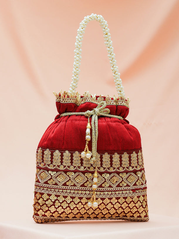 Rubans Red & Gold Embroidered Potli Bag with Pearl Handle & Beaded Tassel Detailing