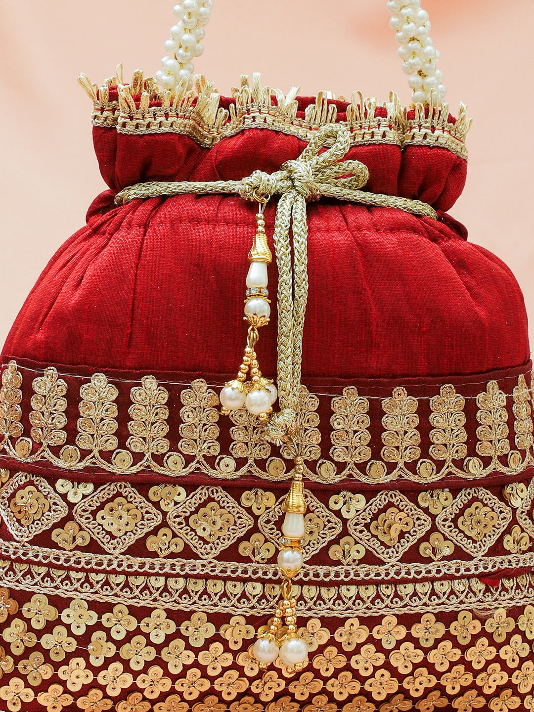 Rubans Red & Gold Embroidered Potli Bag with Pearl Handle & Beaded Tassel Detailing