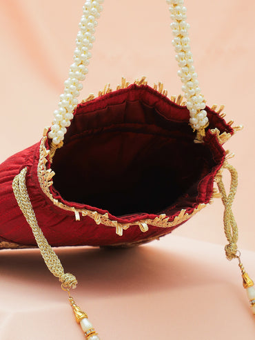 Rubans Red & Gold Embroidered Potli Bag with Pearl Handle & Beaded Tassel Detailing