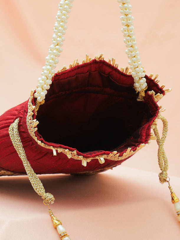 Rubans Red & Gold Embroidered Potli Bag with Pearl Handle & Beaded Tassel Detailing