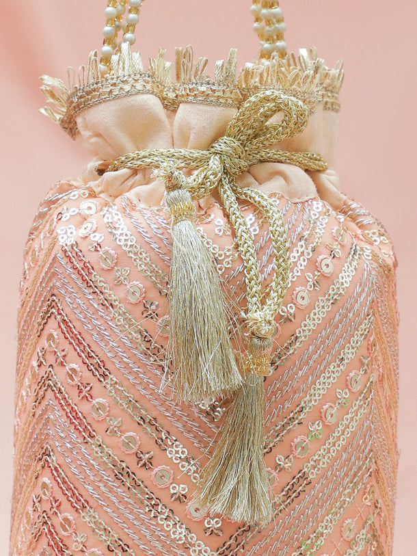 Rubans Peach Pink Sequin Embellished Potli Bag with Pearl Handle & Golden Beaded Tassel Detailing