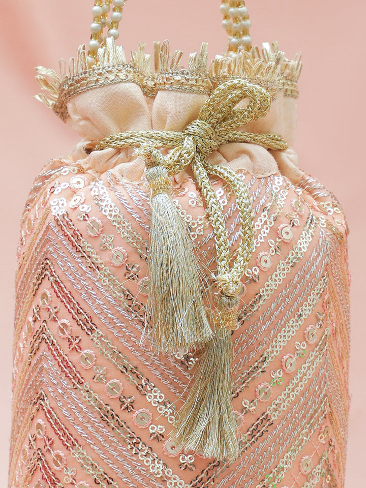Rubans Peach Pink Sequin Embellished Potli Bag with Pearl Handle & Golden Beaded Tassel Detailing