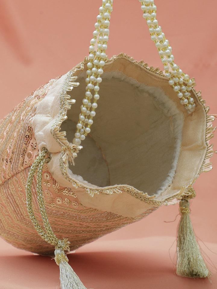 Rubans Peach Pink Sequin Embellished Potli Bag with Pearl Handle & Golden Beaded Tassel Detailing