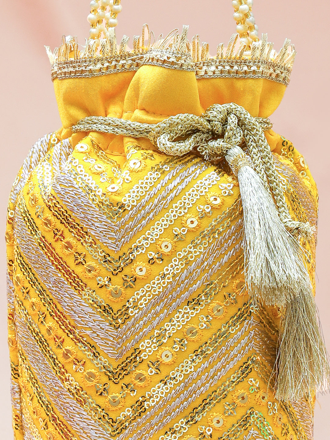 Rubans Bright Yellow Sequin Embroidered Festive Potli Bag with Pearl Handle & Golden Beaded Tassels