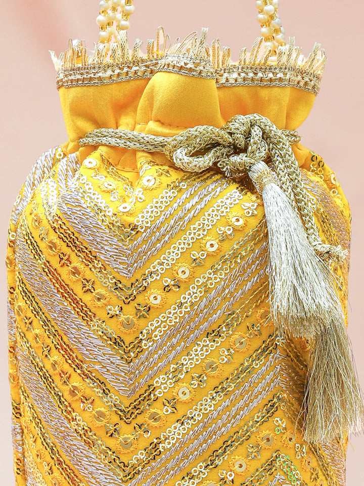 Rubans Bright Yellow Sequin Embroidered Festive Potli Bag with Pearl Handle & Golden Beaded Tassels