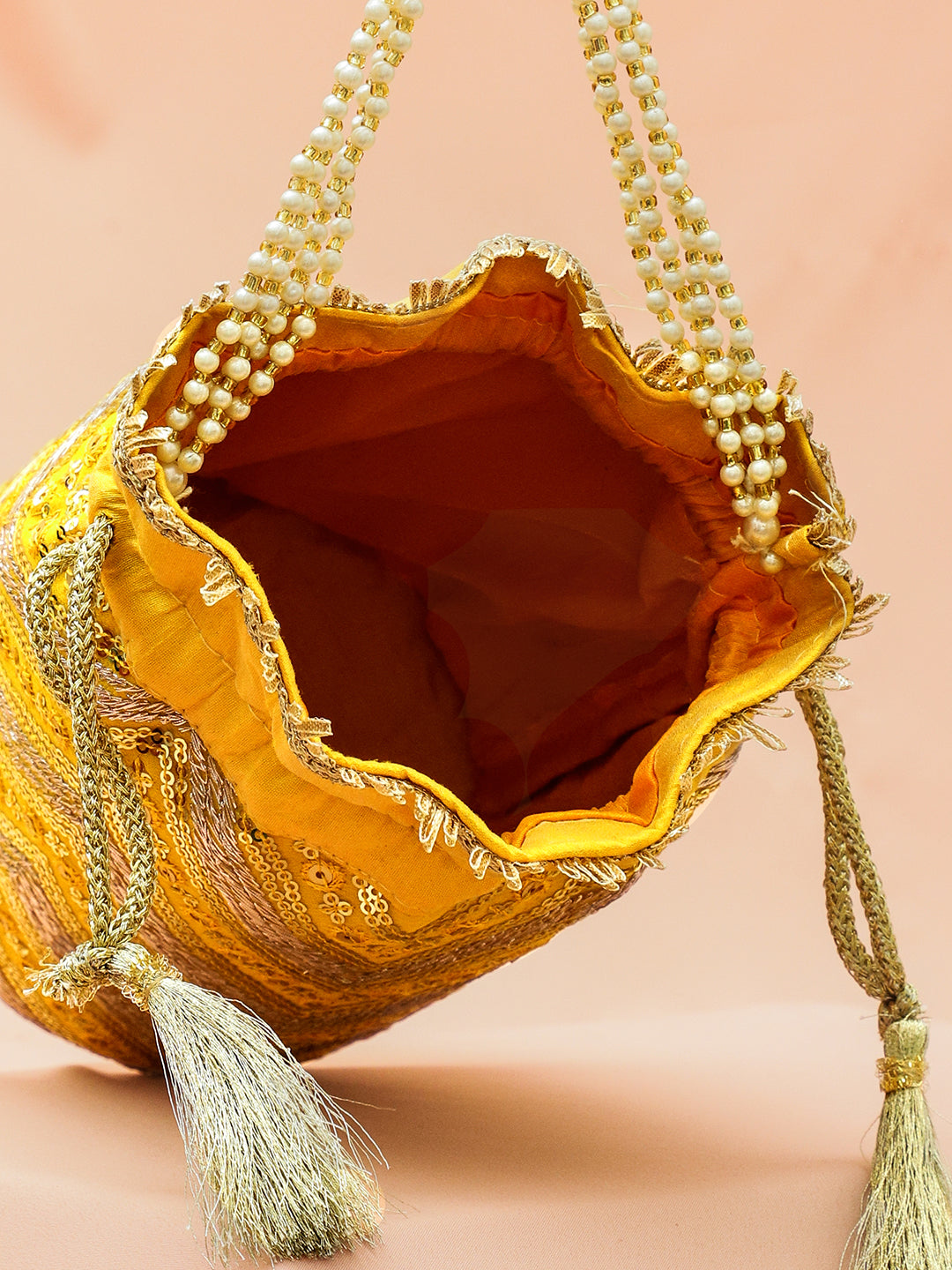Rubans Bright Yellow Sequin Embroidered Festive Potli Bag with Pearl Handle & Golden Beaded Tassels