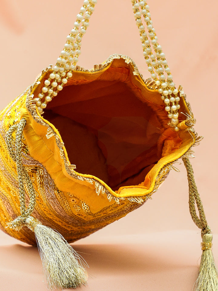 Rubans Bright Yellow Sequin Embroidered Festive Potli Bag with Pearl Handle & Golden Beaded Tassels