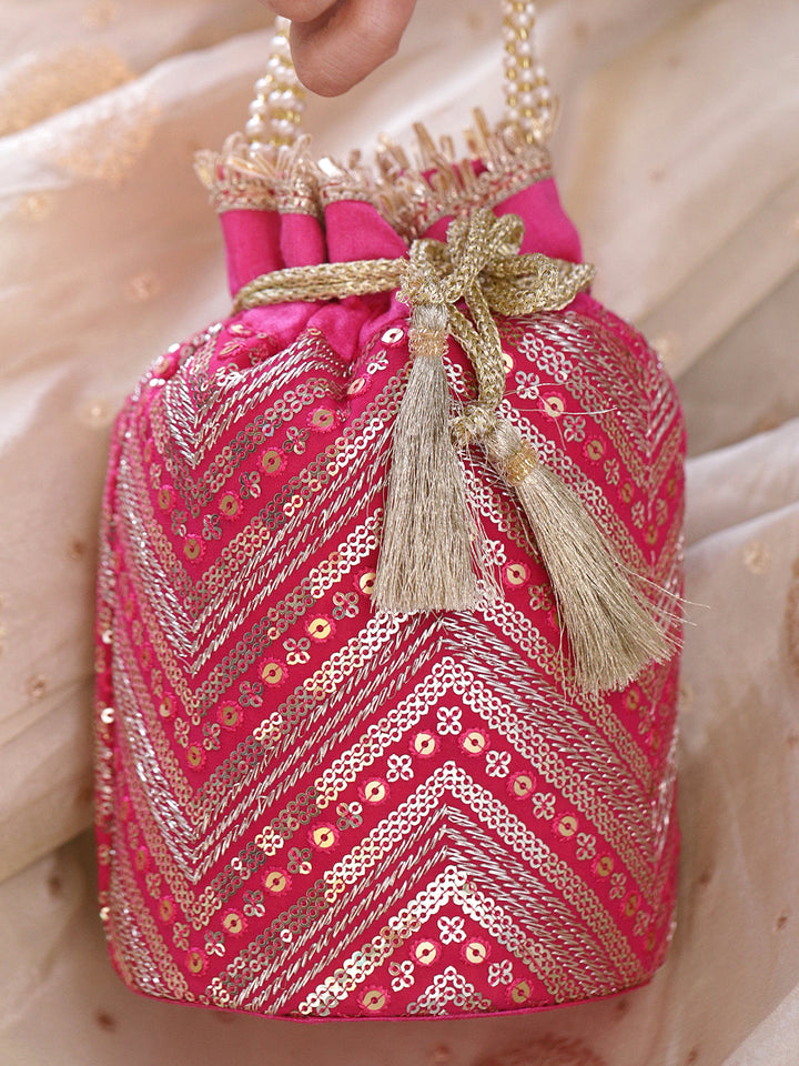 Rubans Hot Pink Sequin Embroidered Festive Potli Bag with Pearl Beaded Handle & Golden Tassels