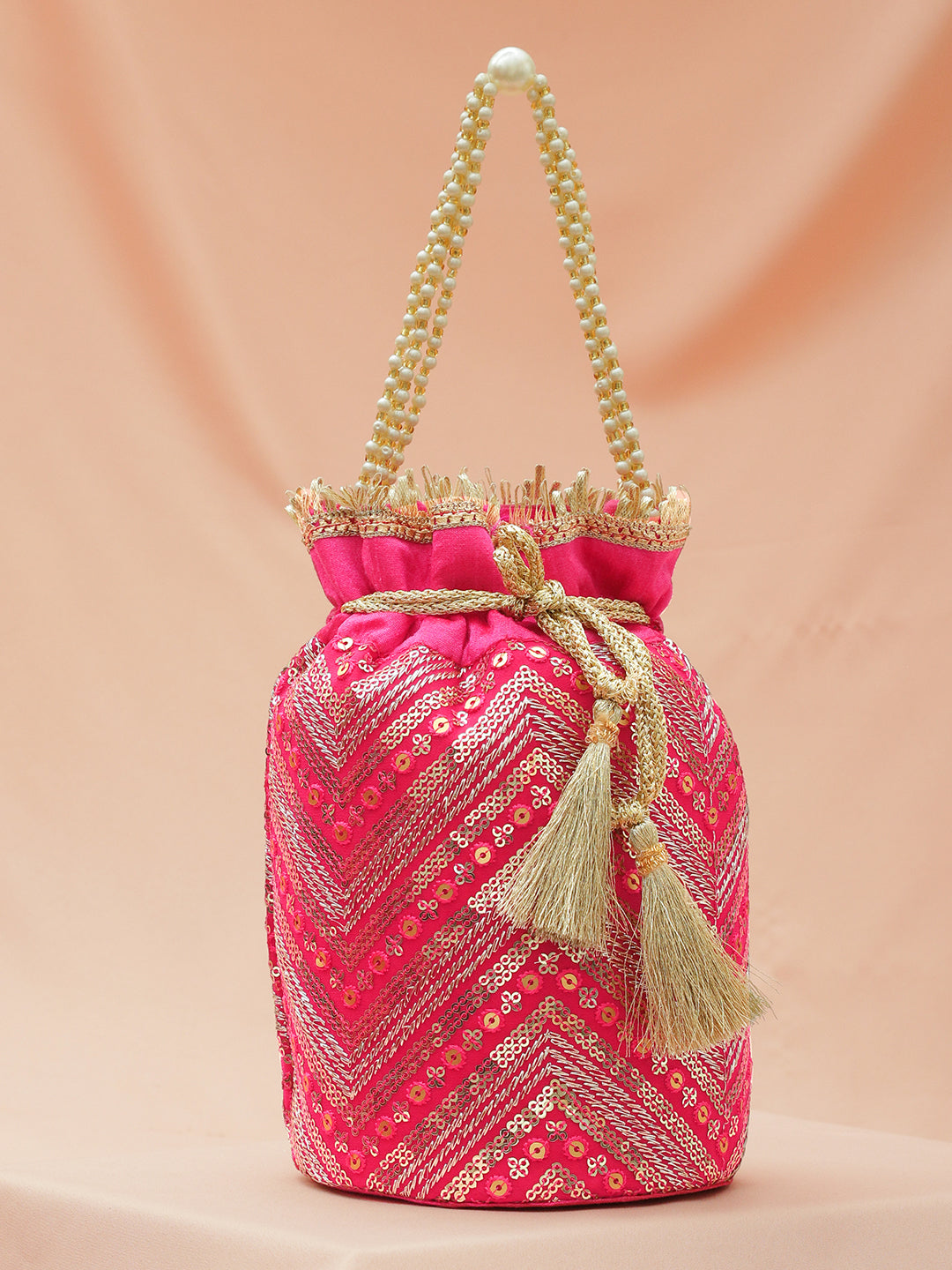 Rubans Hot Pink Sequin Embroidered Festive Potli Bag with Pearl Beaded Handle & Golden Tassels