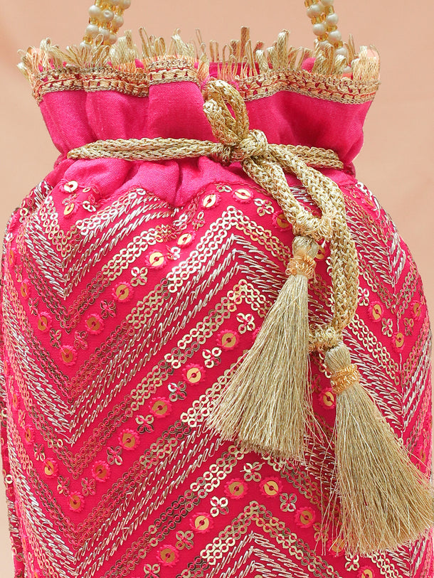 Rubans Hot Pink Sequin Embroidered Festive Potli Bag with Pearl Beaded Handle & Golden Tassels