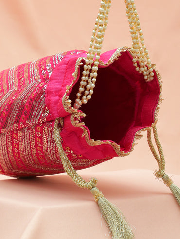 Rubans Hot Pink Sequin Embroidered Festive Potli Bag with Pearl Beaded Handle & Golden Tassels