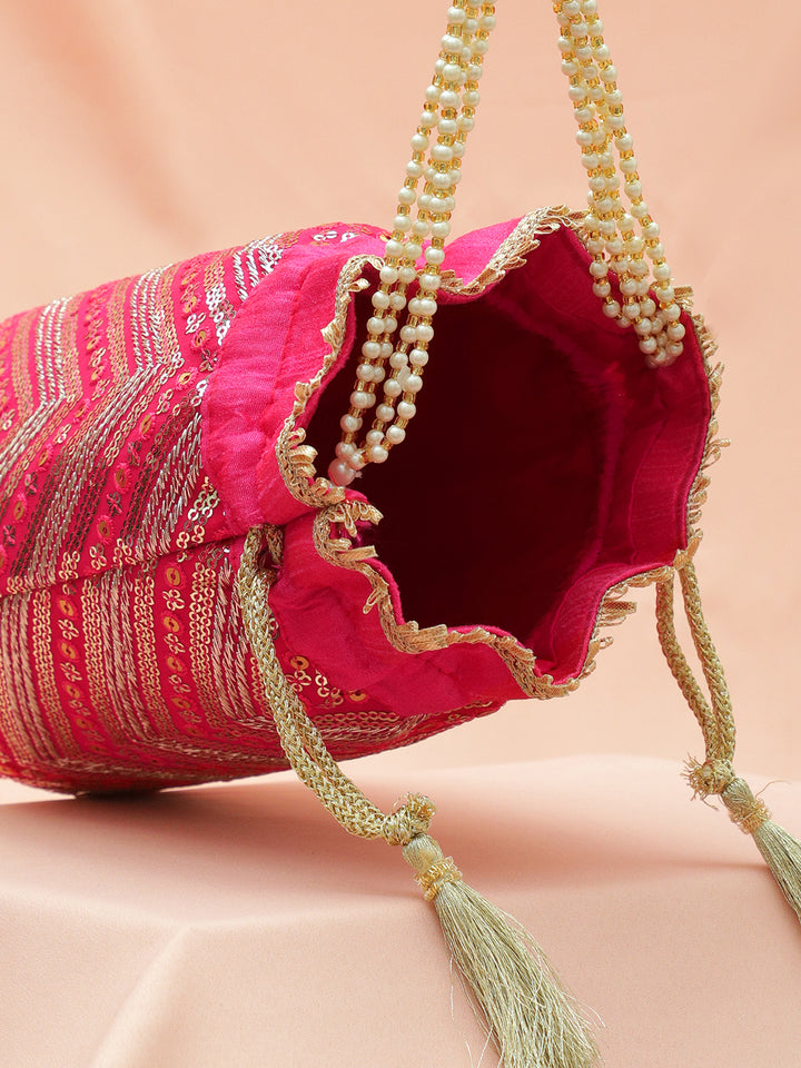 Rubans Hot Pink Sequin Embroidered Festive Potli Bag with Pearl Beaded Handle & Golden Tassels