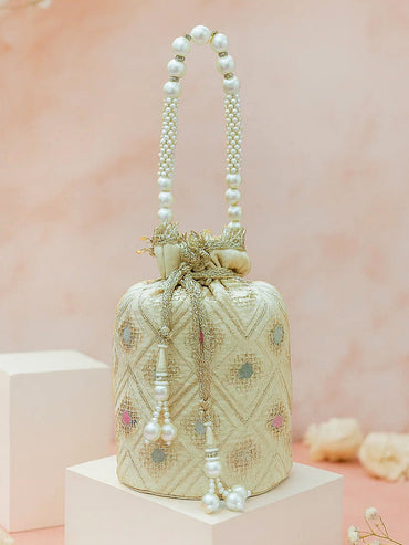 Rubans Cream Potli Bag with Multicolor Pastel Embroidery, Pearl Beaded Handle and Golden Tassel Detailing