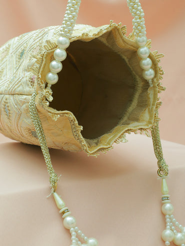 Rubans Cream Potli Bag with Multicolor Pastel Embroidery, Pearl Beaded Handle and Golden Tassel Detailing