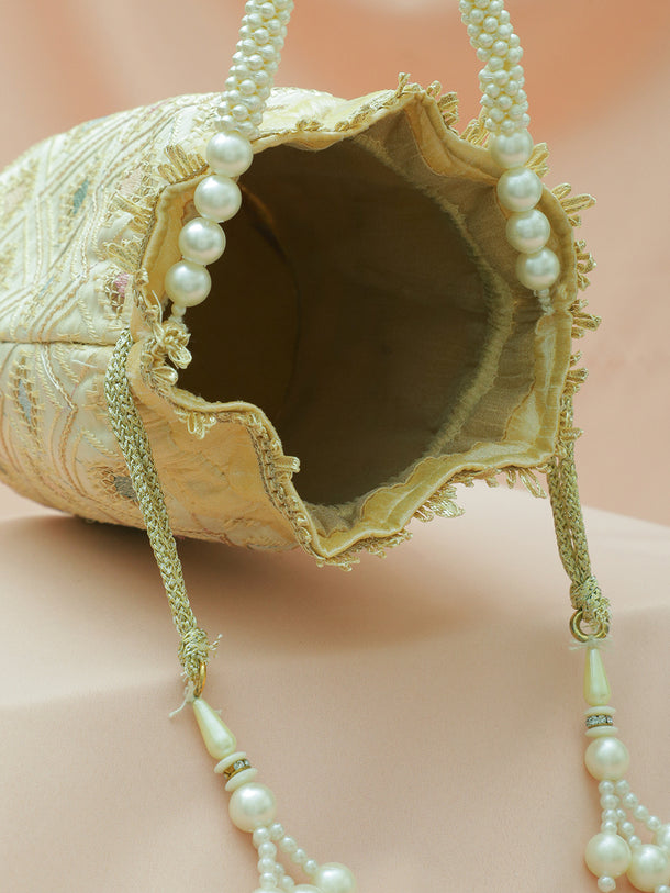 Rubans Cream Potli Bag with Multicolor Pastel Embroidery, Pearl Beaded Handle and Golden Tassel Detailing