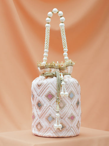 Rubans Pastel Pink Fabric Potli Bag with Multicolor Embroidery, Pearl Beaded Handle & Golden Tassel
