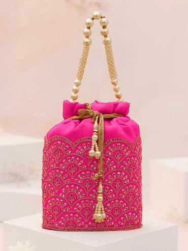 Rubans Bright Pink Potli Bag with Golden Zari Embroidery, Sequin Detailing & Pearl Beaded Handle