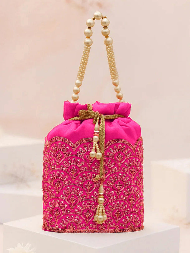 Rubans Bright Pink Potli Bag with Golden Zari Embroidery, Sequin Detailing & Pearl Beaded Handle